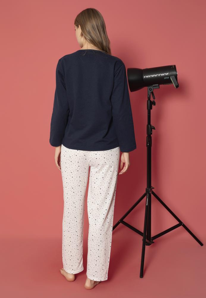 Pijama damă vătuită cu mânecă lungă și pantaloni lungi din bumbac, imprimeu cu stea, Engros
